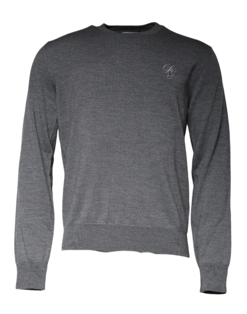 Pull en laine gris foncé Dolce & Gabbana à col rond, détail texturé et coupe classique visible sur l'image.