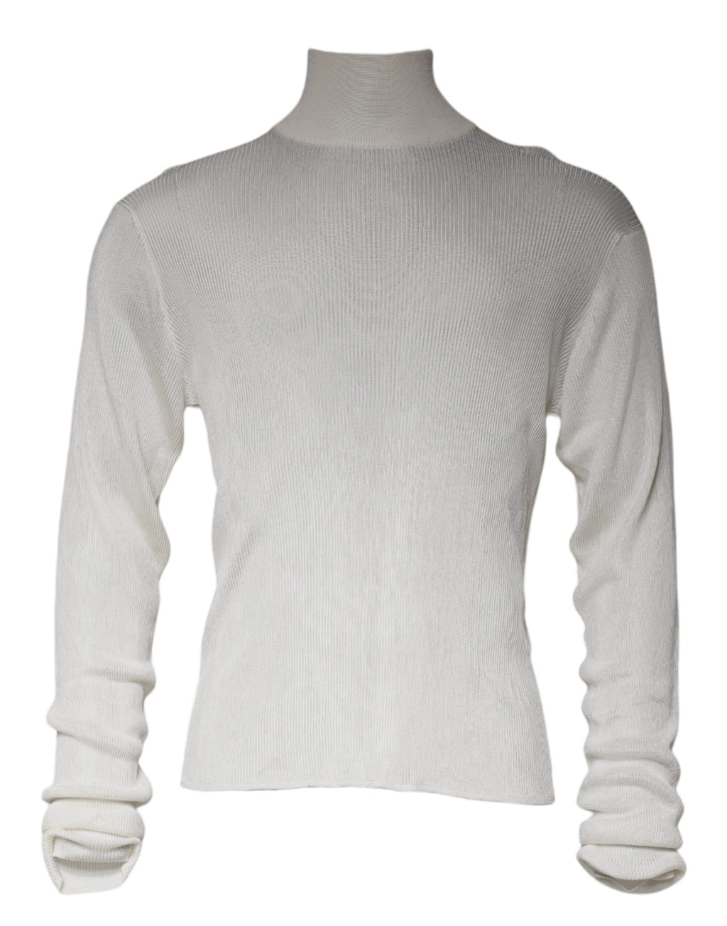 Pull Dolce & Gabbana blanc à manches longues avec col roulé pour homme, en laine douce, porté sur un mannequin.
