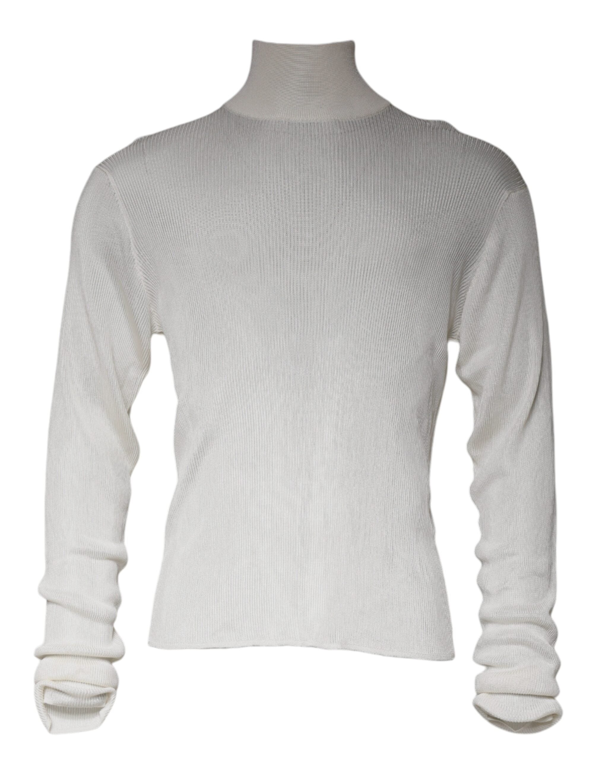 Pull Dolce & Gabbana blanc à manches longues avec col roulé pour homme, en laine douce, porté sur un mannequin.