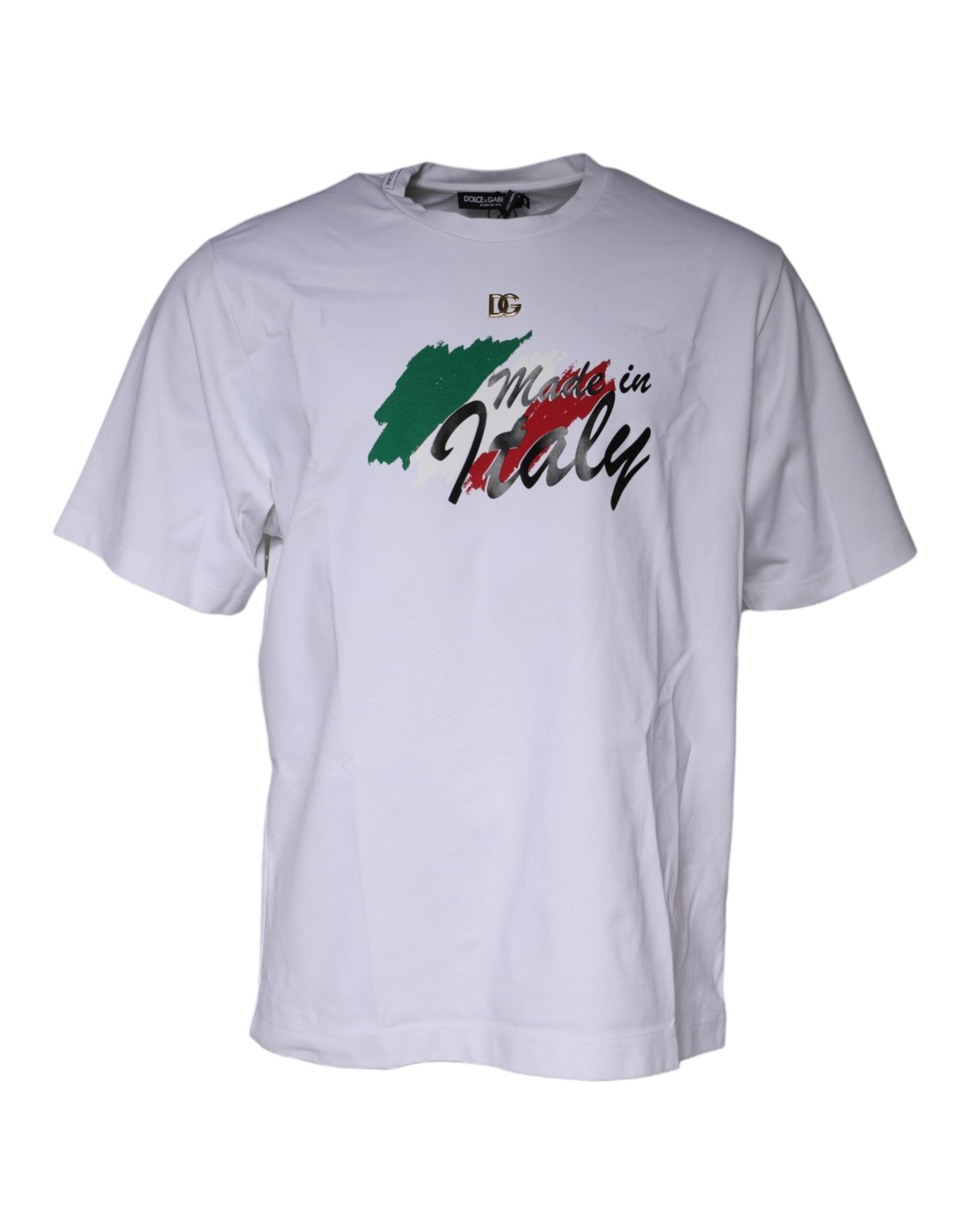 T-shirt en coton blanc avec imprimé graphique Dolce & Gabbana, col rond et design tendance.