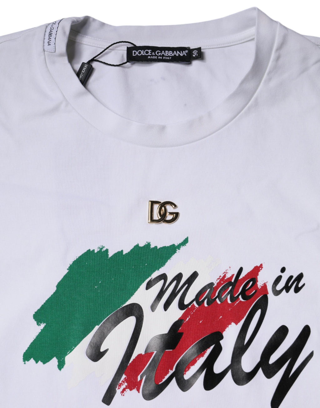 T-shirt blanc en coton Dolce & Gabbana avec un motif graphique, col rond et design moderne visible sur l'image.