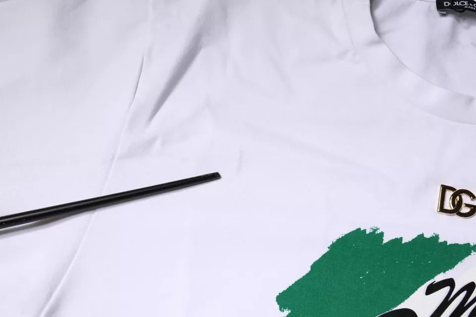 T-shirt blanc en coton Dolce & Gabbana avec imprimé graphique et col rond, vue de face.