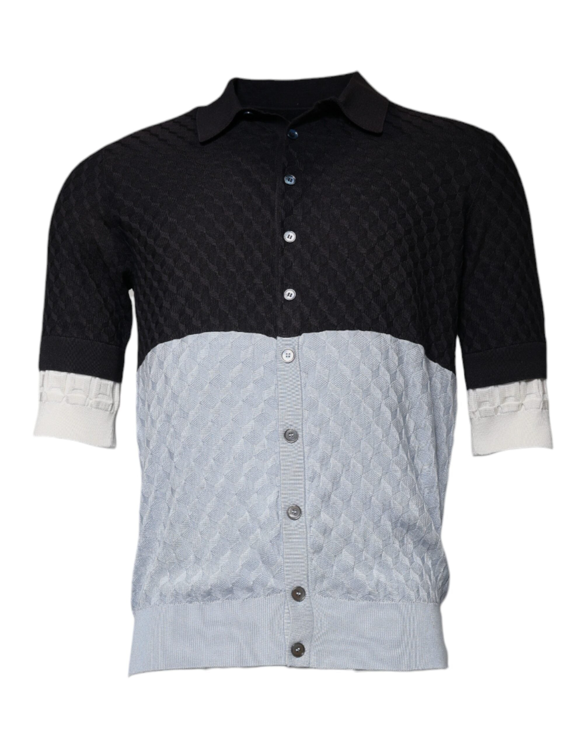 Chemise Dolce & Gabbana en soie multicolore à boutons, col classique, vue de face sur fond neutre.