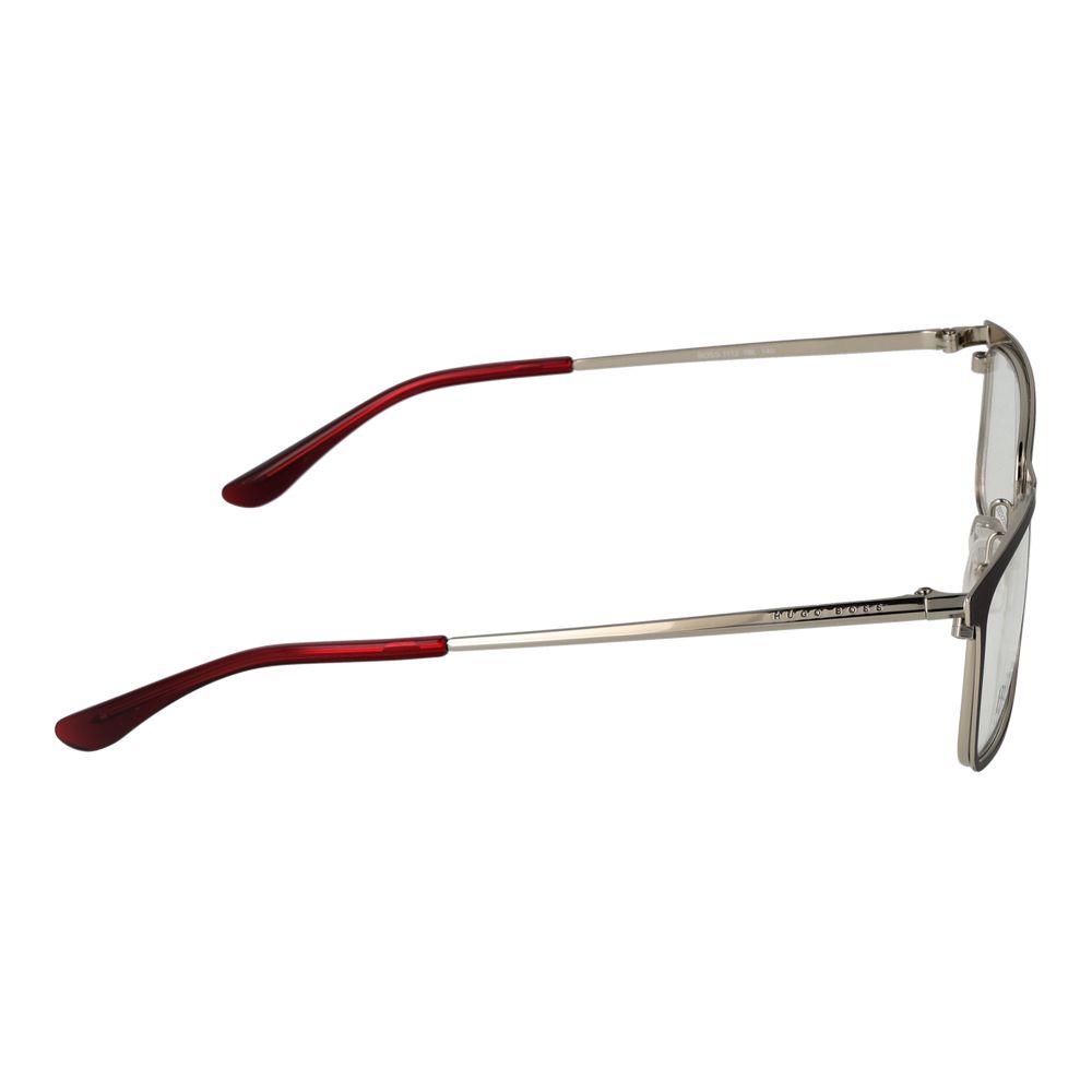 Monture de lunettes en acier inoxydable bordeaux de la marque Hugo Boss, avec détails de design modernes.