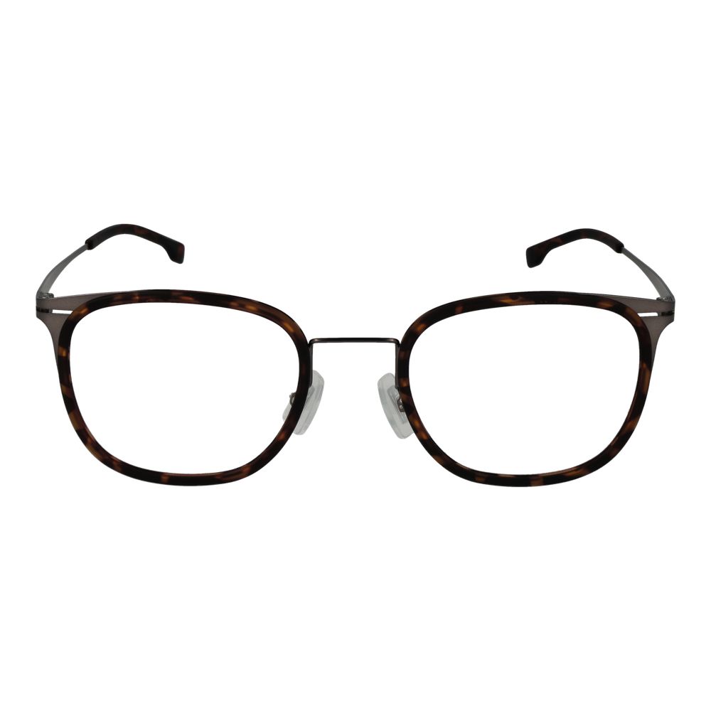 Monture de lunettes en acier inoxydable marron de Hugo Boss, vue de face avec détails du cadre élégant.