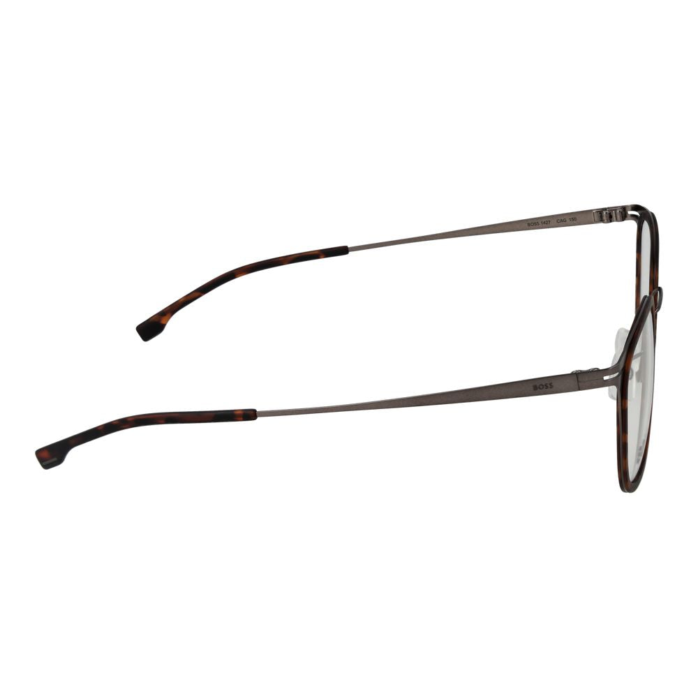 Lunettes en acier inoxydable marron de Hugo Boss, monture élégante et moderne pour un style sophistiqué.
