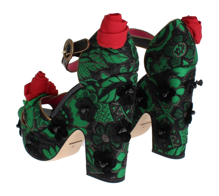 Chaussures Dolce & Gabbana en brocart vert avec motif serpent, roses en cristal, élégantes et luxueuses.