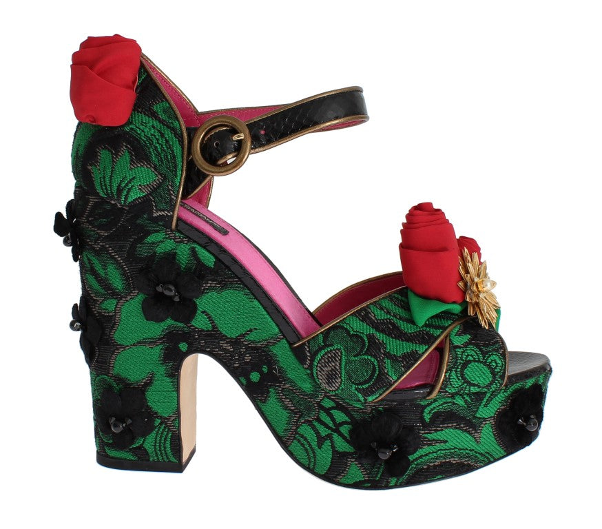 Chaussures Dolce & Gabbana en brocart vert avec motifs serpent, roses en cristaux, élégantes et sophistiquées.