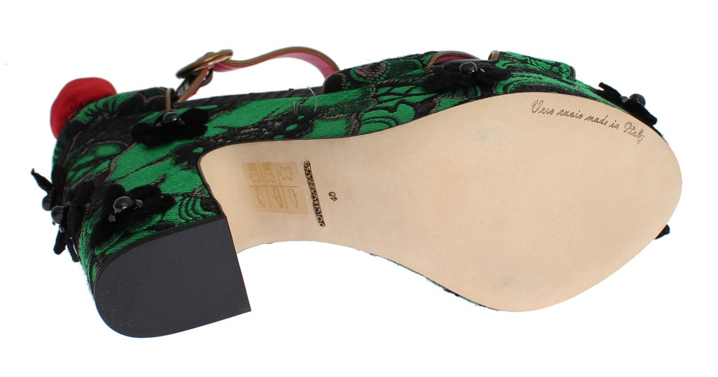 Chaussures Dolce & Gabbana en brocart vert avec détails en serpentine, roses en cristal et semelle sophistiquée.
