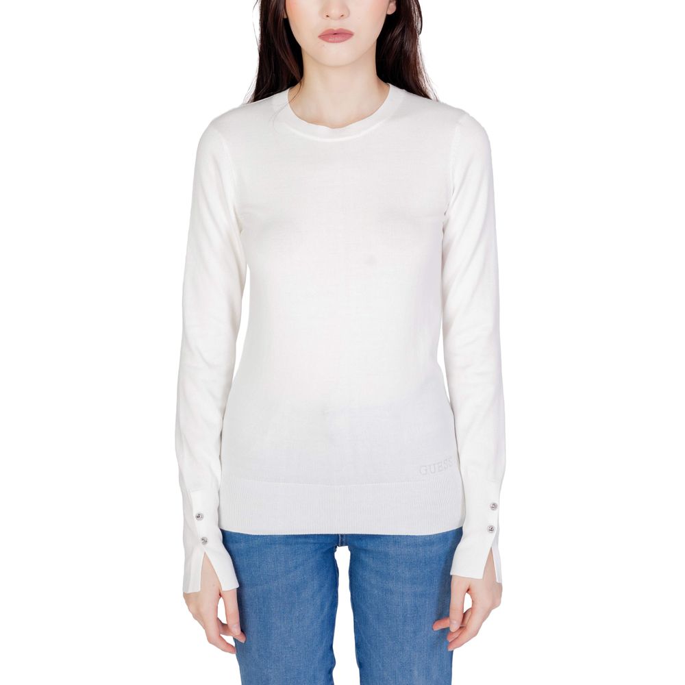 Sweatshirt blanc en coton Guess pour femme, coupe décontractée, logo Guess visible sur la poitrine.