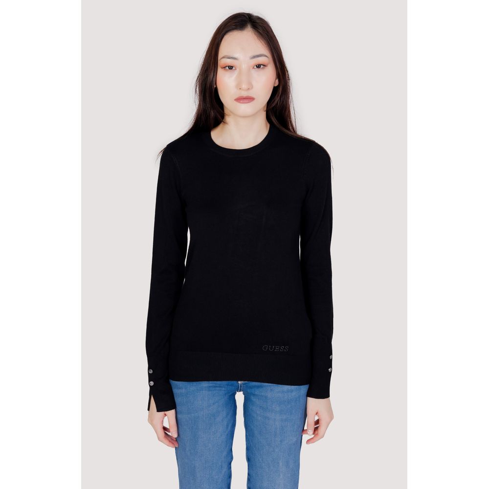 Sweatshirt en coton noir de marque Guess, vue de face, avec logo Guess sur la poitrine, style décontracté et confortable.