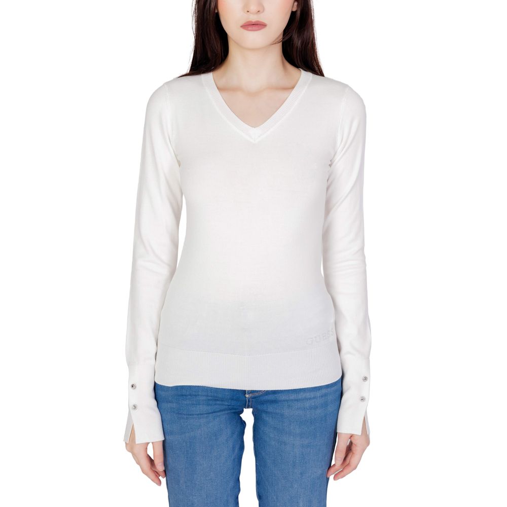 Sweat-shirt blanc en coton de la marque Guess, coupe classique, manches longues et logo Guess sur la poitrine.