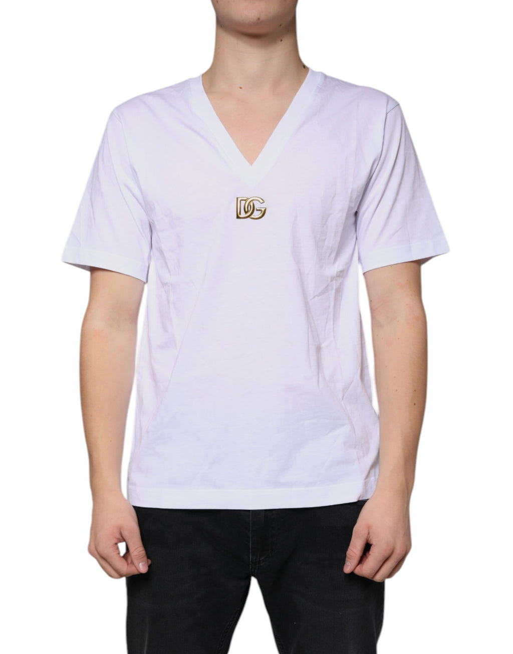 T-shirt blanc à logo Dolce & Gabbana, en coton à col en V et manches courtes, vue de face.