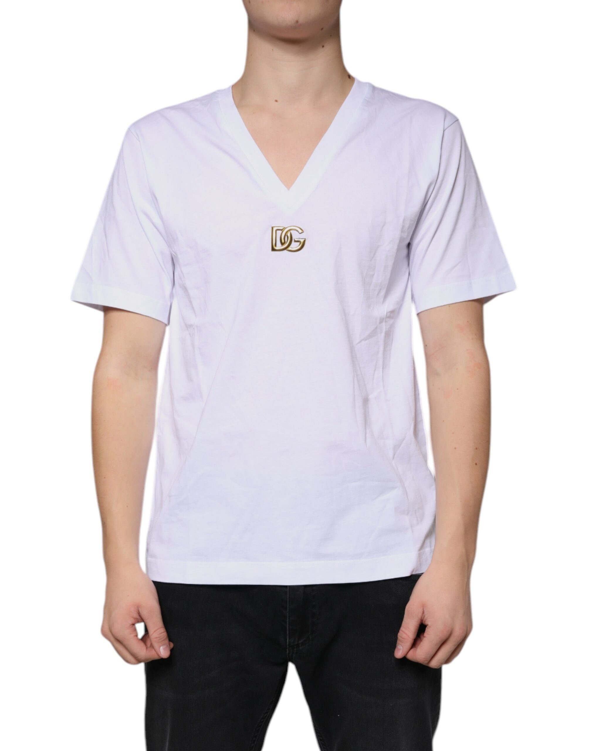 T-shirt blanc à logo Dolce & Gabbana en coton à col en V à manches courtes, mode élégante et décontractée