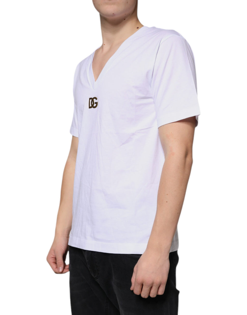 T-shirt blanc en coton à logo Dolce & Gabbana à col en V à manches courtes, mode élégante et décontractée.