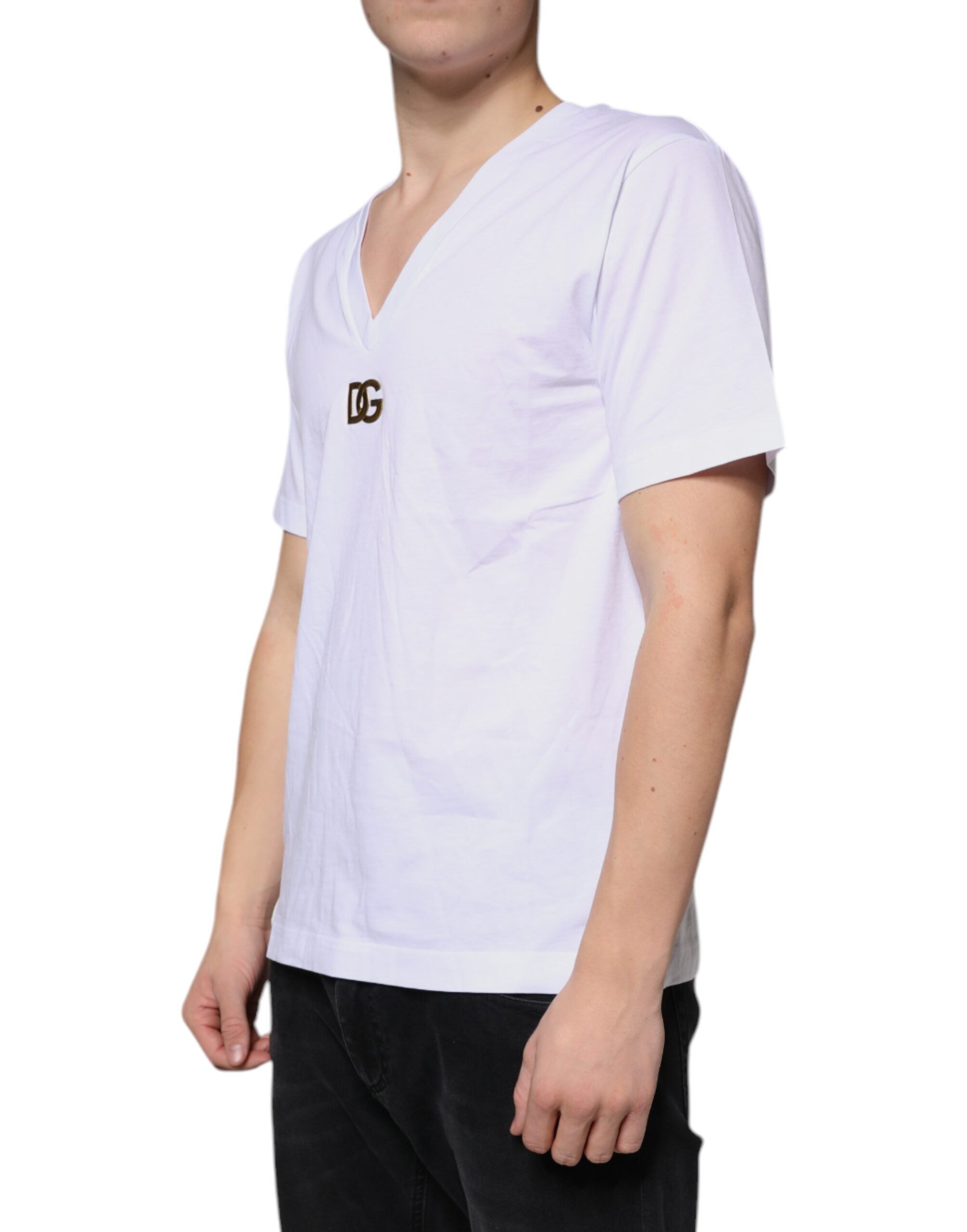 T-shirt blanc en coton à logo Dolce & Gabbana à col en V à manches courtes, mode élégante et décontractée.
