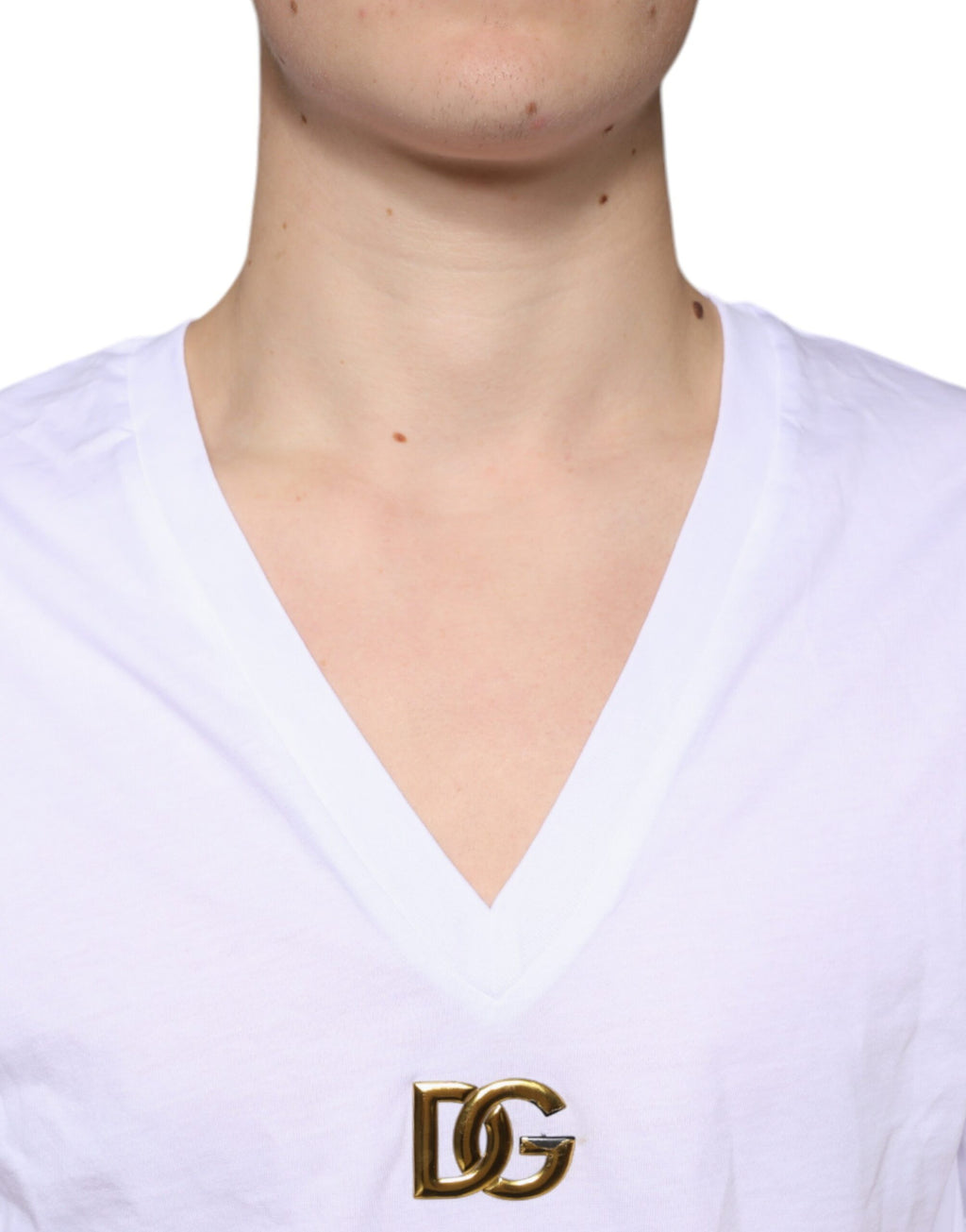 T-shirt blanc à logo Dolce & Gabbana, coton, à col en V et manches courtes, vue de face.