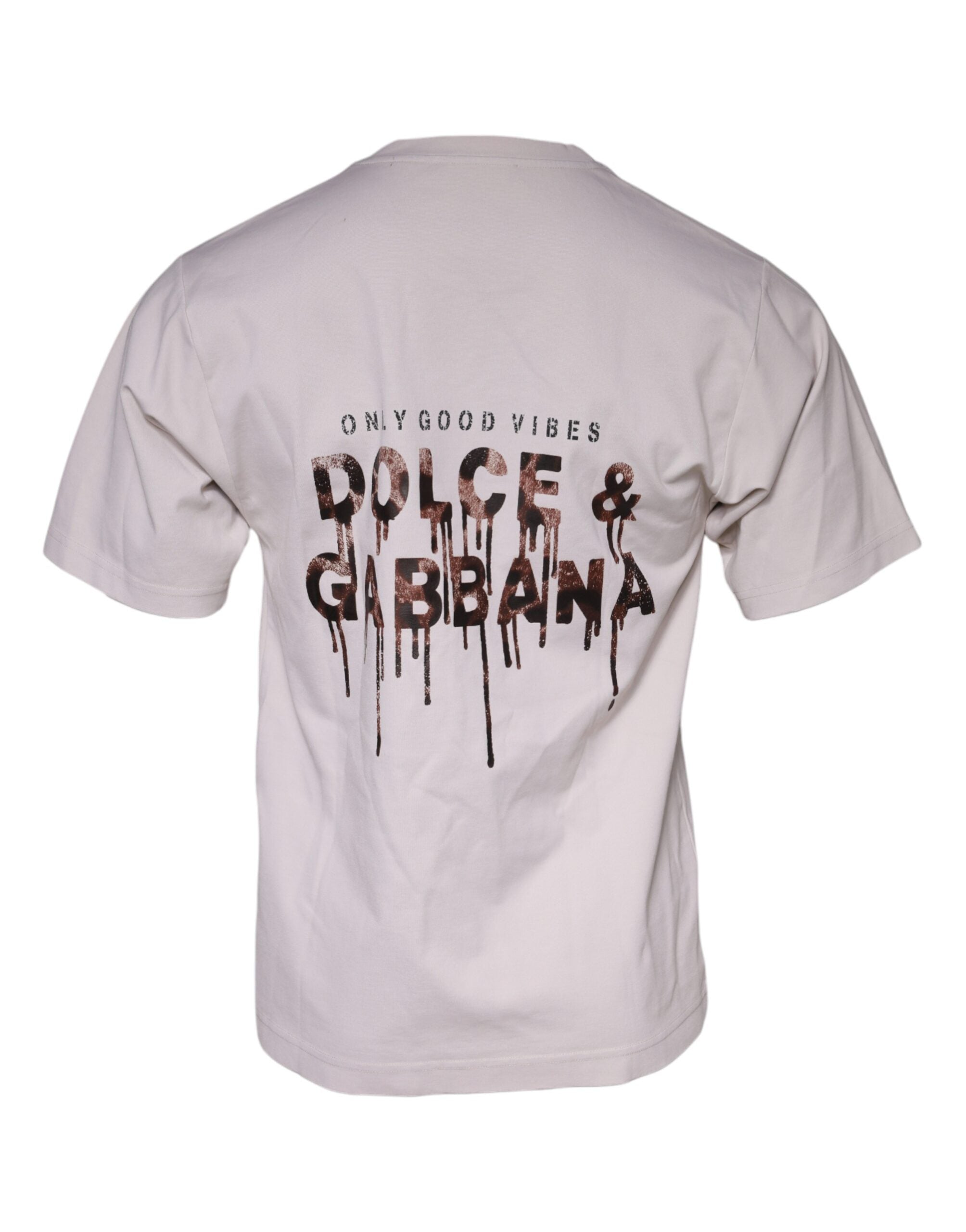 T-shirt beige en coton mélangé avec logo Dolce & Gabbana, col rond, style décontracté et moderne.