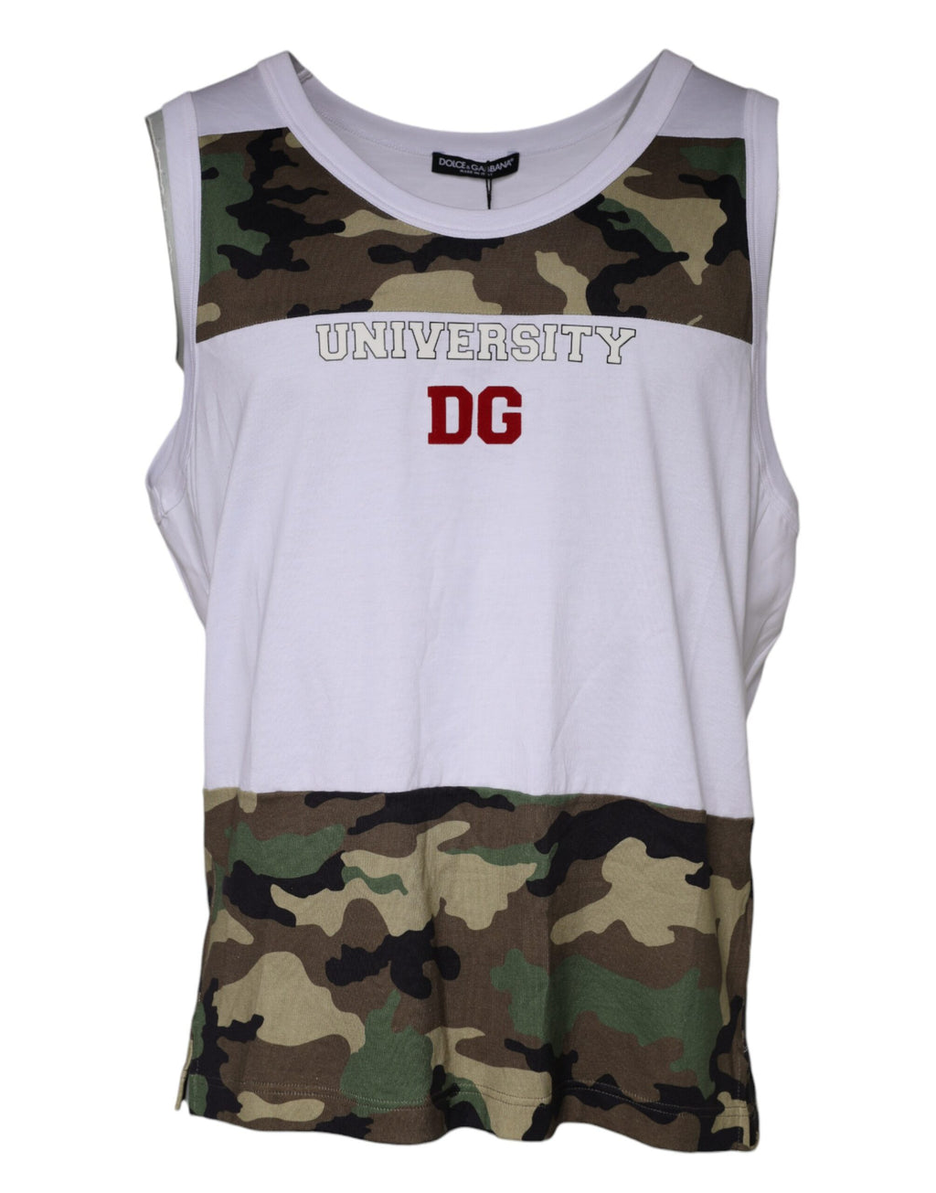 T-shirt sans manches Dolce & Gabbana blanc avec motif camouflage, coupe décontractée, image présentant le haut à col rond.