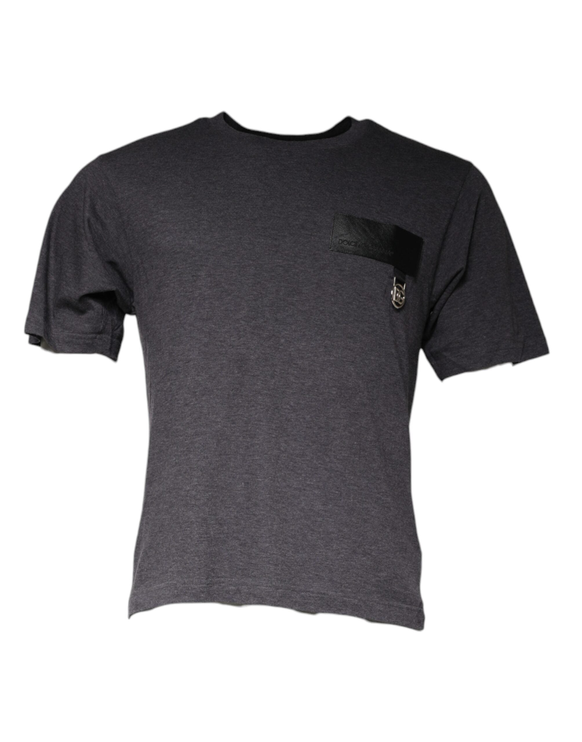 T-shirt en coton gris Dolce & Gabbana avec logo patch sur le col rond, style décontracté et moderne.