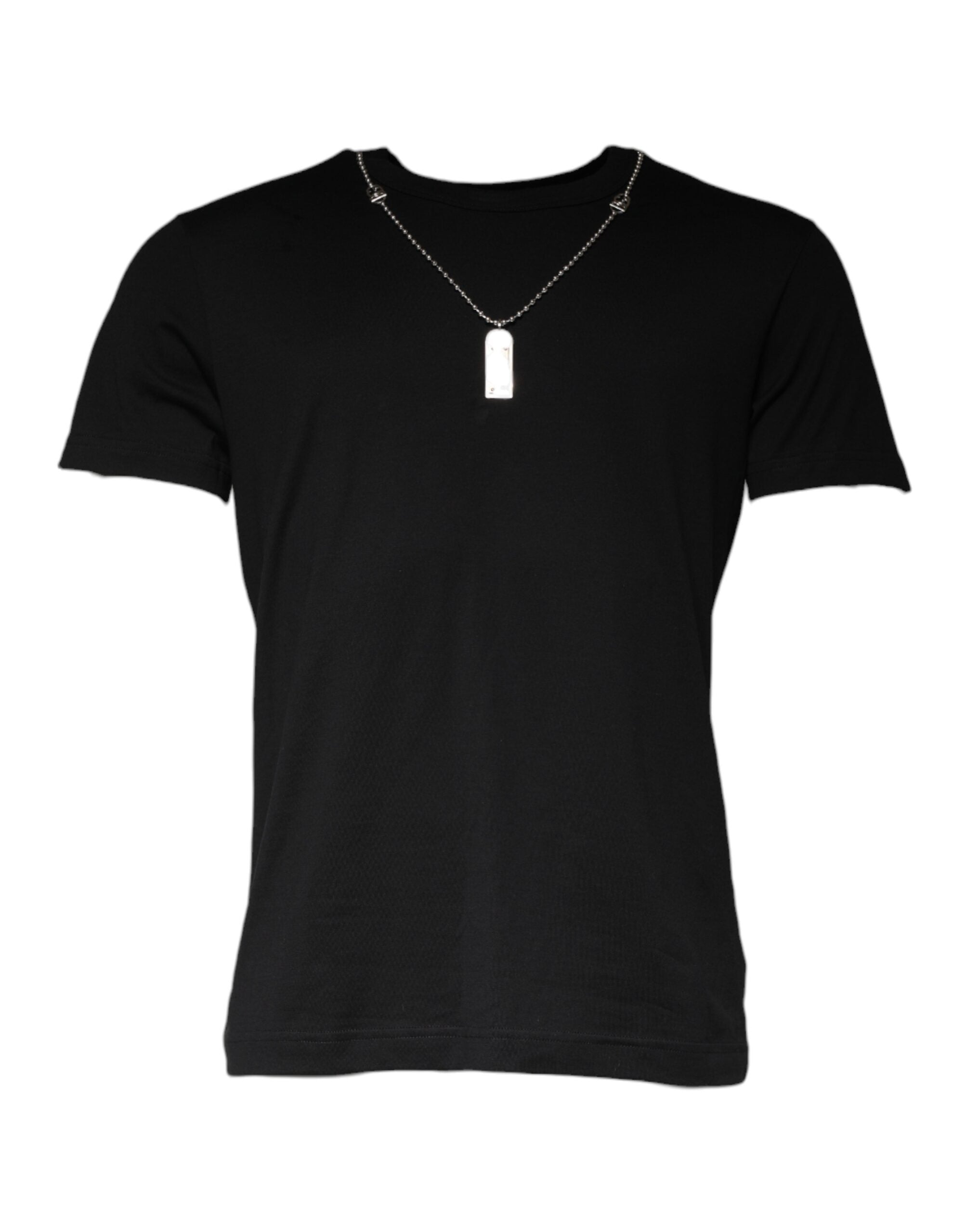 T-shirt noir en coton Dolce & Gabbana avec col orné de bijoux, style élégant et moderne.