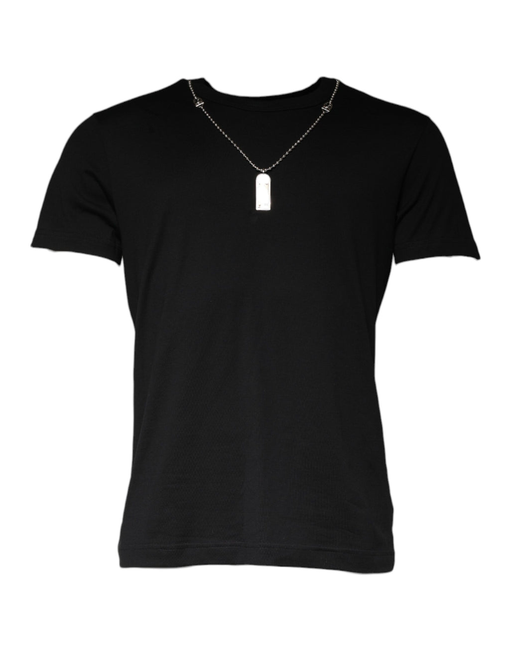 T-shirt noir en coton Dolce & Gabbana avec col orné de bijoux et détails élégants.