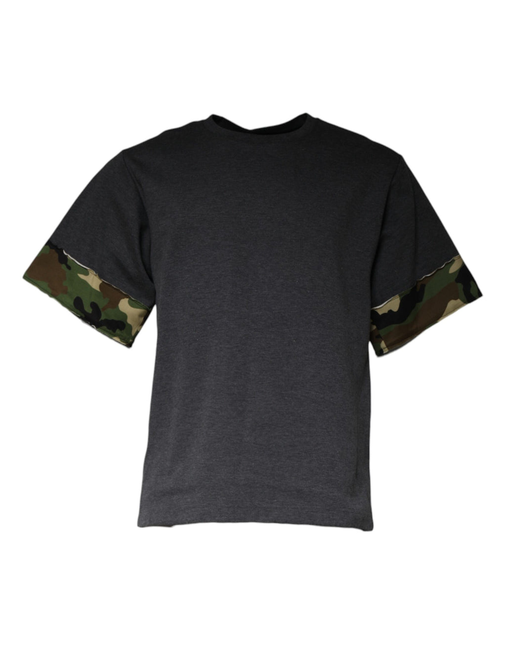 T-shirt à col rond camouflage gris foncé Dolce & Gabbana, style décontracté et tendance, visible sur l'image.