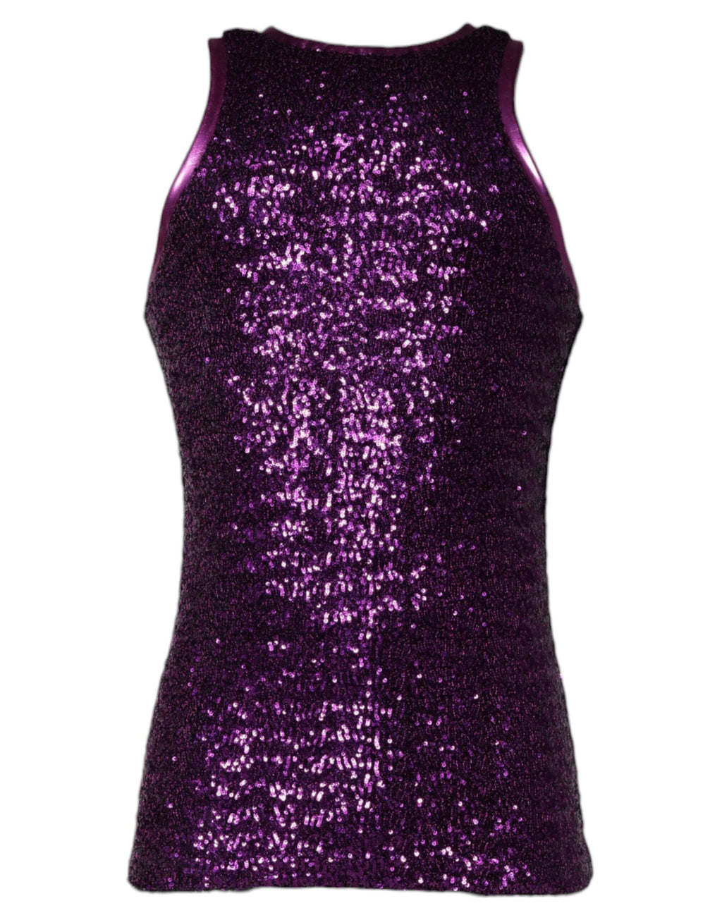 T-shirt sans manches Dolce & Gabbana violette avec sequins, col rond, style élégant et brillant.