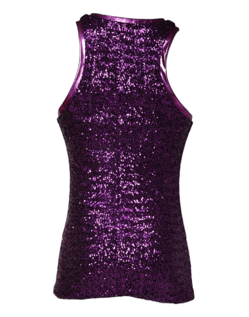 T-shirt sans manches Dolce & Gabbana violette avec sequins, col rond, look élégant et brillant, vue de face.