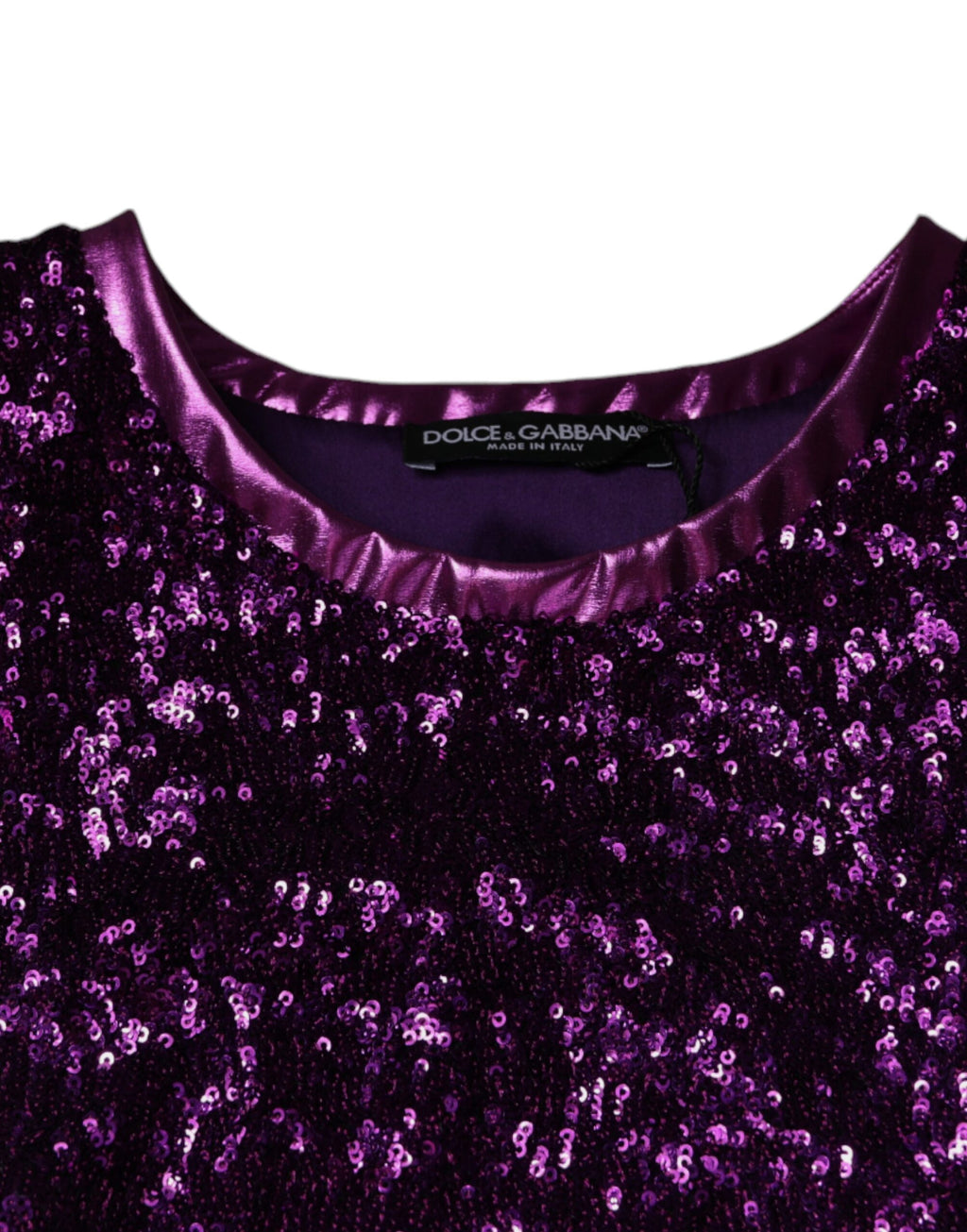 T-shirt sans manches Dolce & Gabbana violette avec sequins ronds et col rond, mode élégante et brillante.