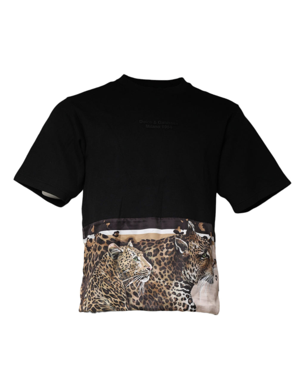 T-shirt noir à manches courtes Dolce & Gabbana avec motif léopard en coton, élégant et tendance.