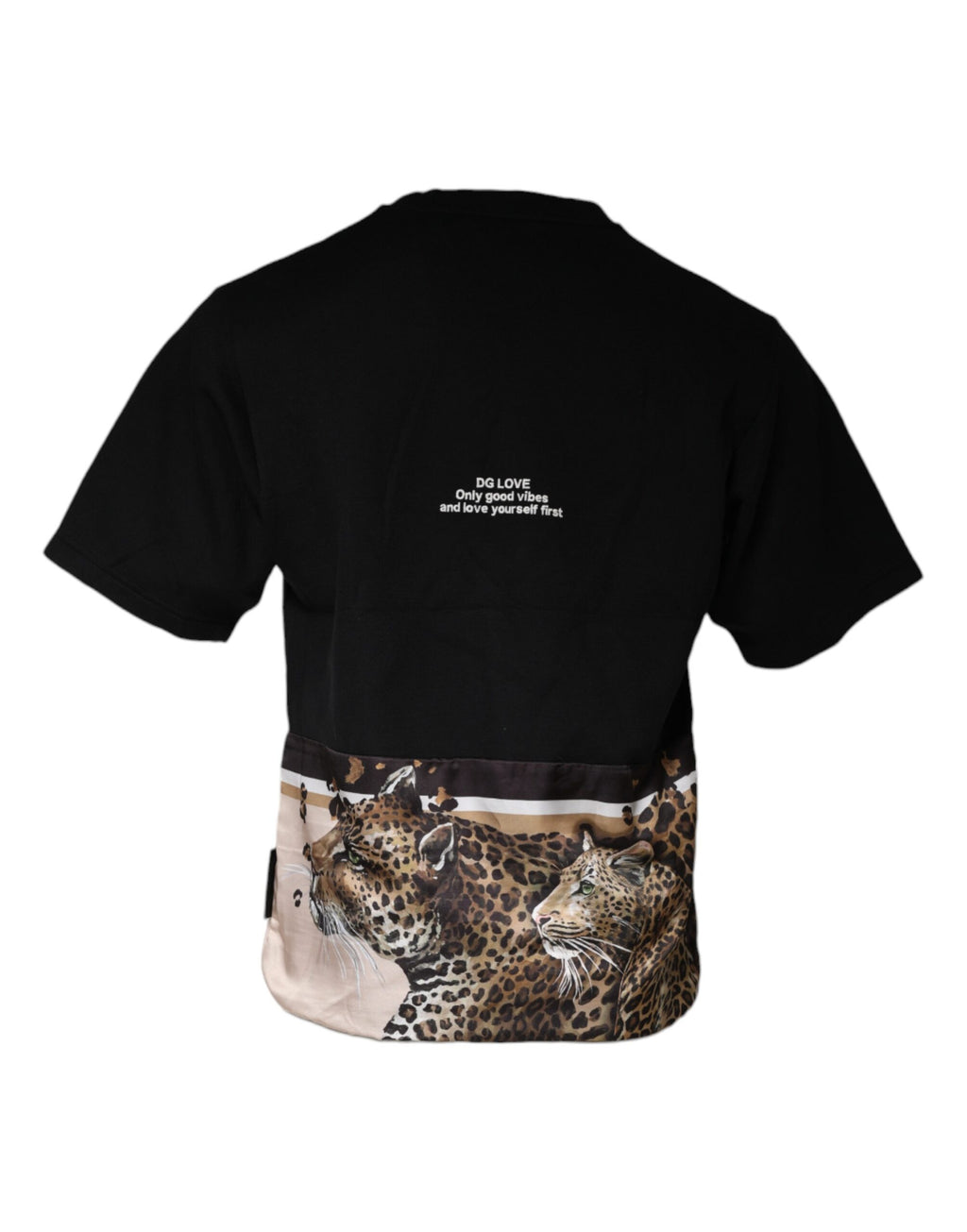 T-shirt noir à manches courtes Dolce & Gabbana avec motif léopard en coton, style élégant et tendance.