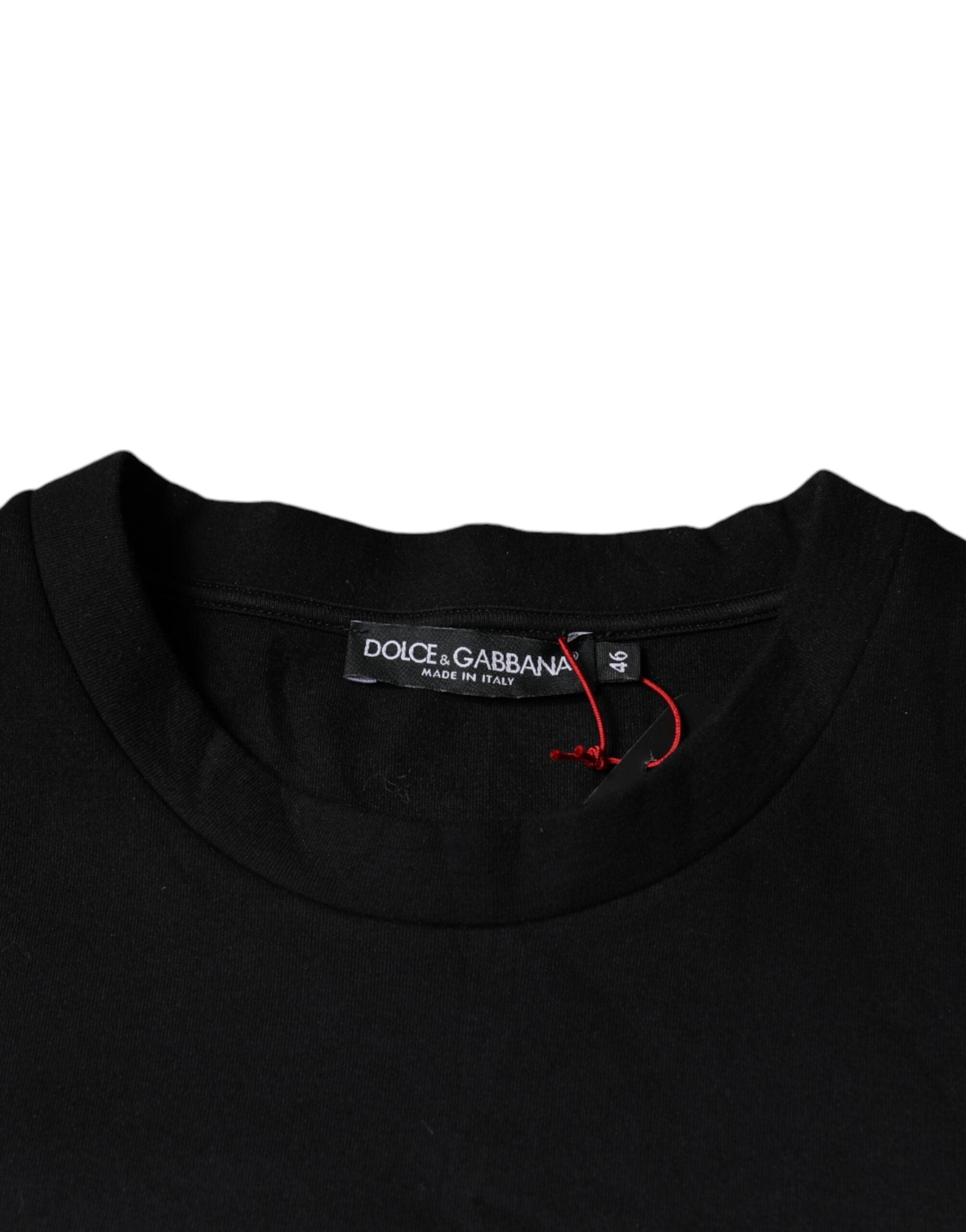 T-shirt noir à manches courtes Dolce & Gabbana avec motif léopard en coton, style élégant et tendance.