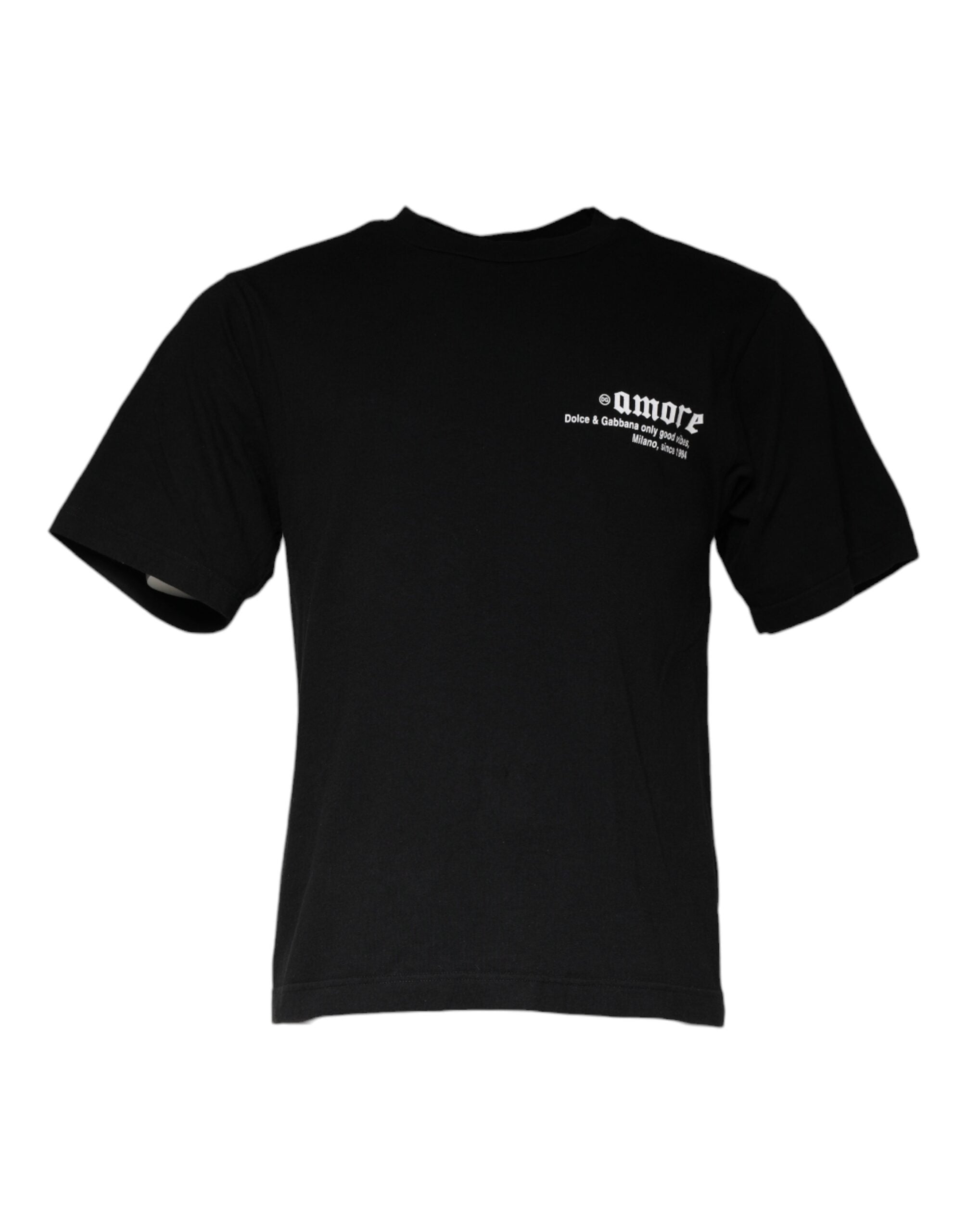 T-shirt en coton noir Dolce & Gabbana Amore avec imprimé, col rond, vue de face, détails visibles.