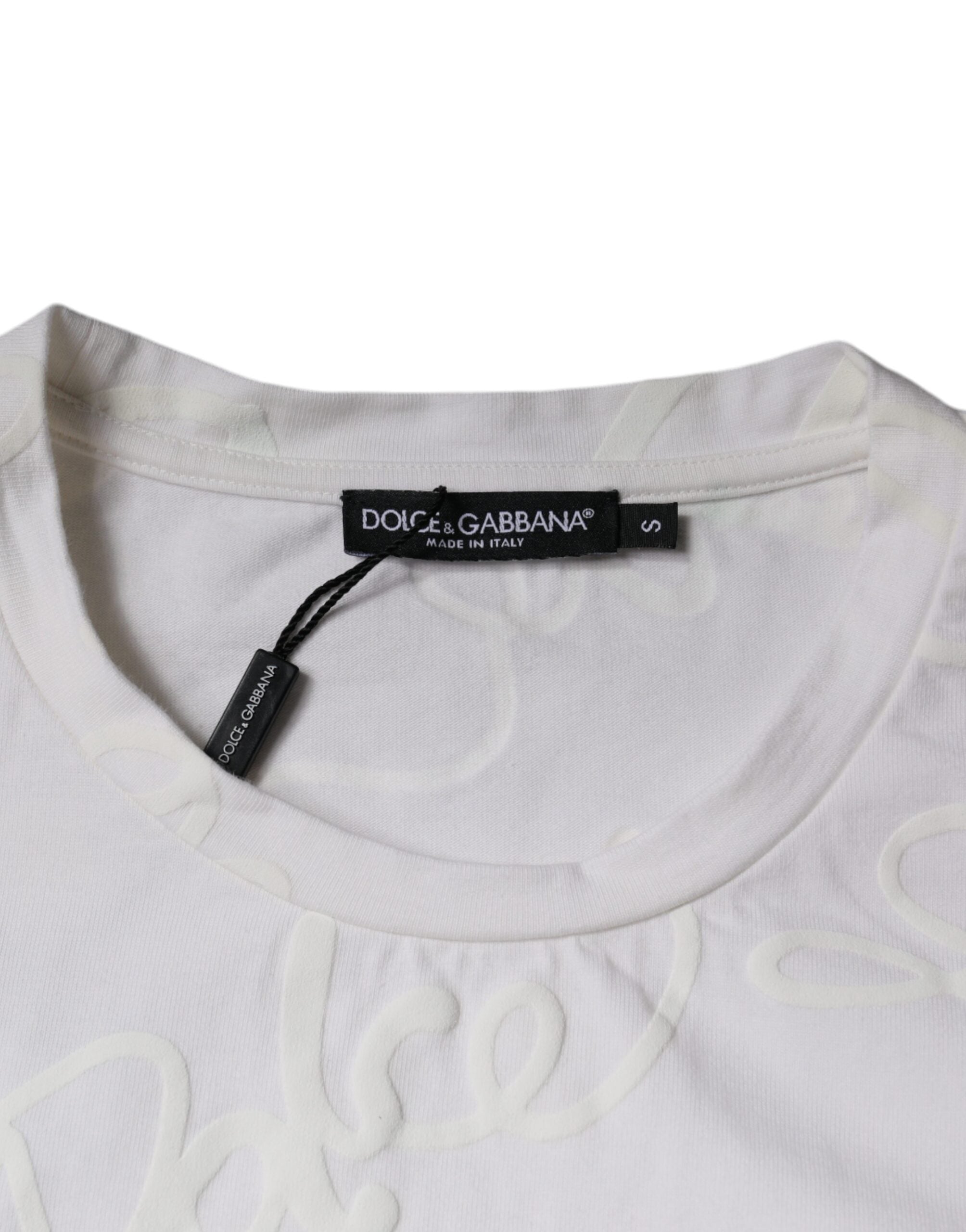 T-shirt blanc en coton Dolce & Gabbana avec logo imprimé et col rond, vue de face.