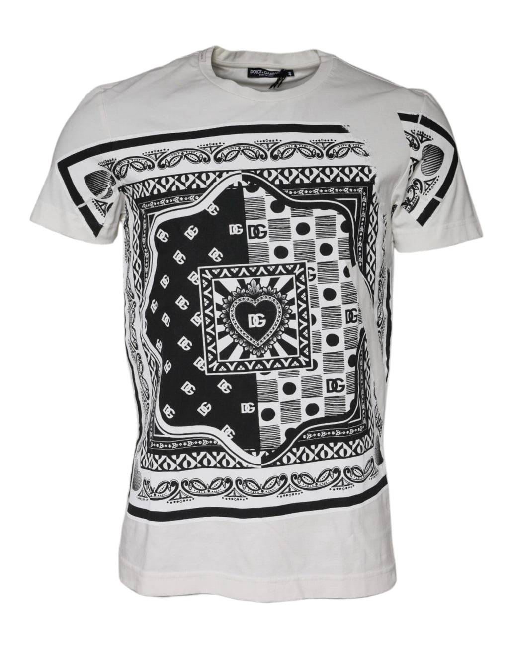 T-shirt blanc Dolce & Gabbana en coton avec imprimé bandana et manches courtes, style tendance et décontracté.