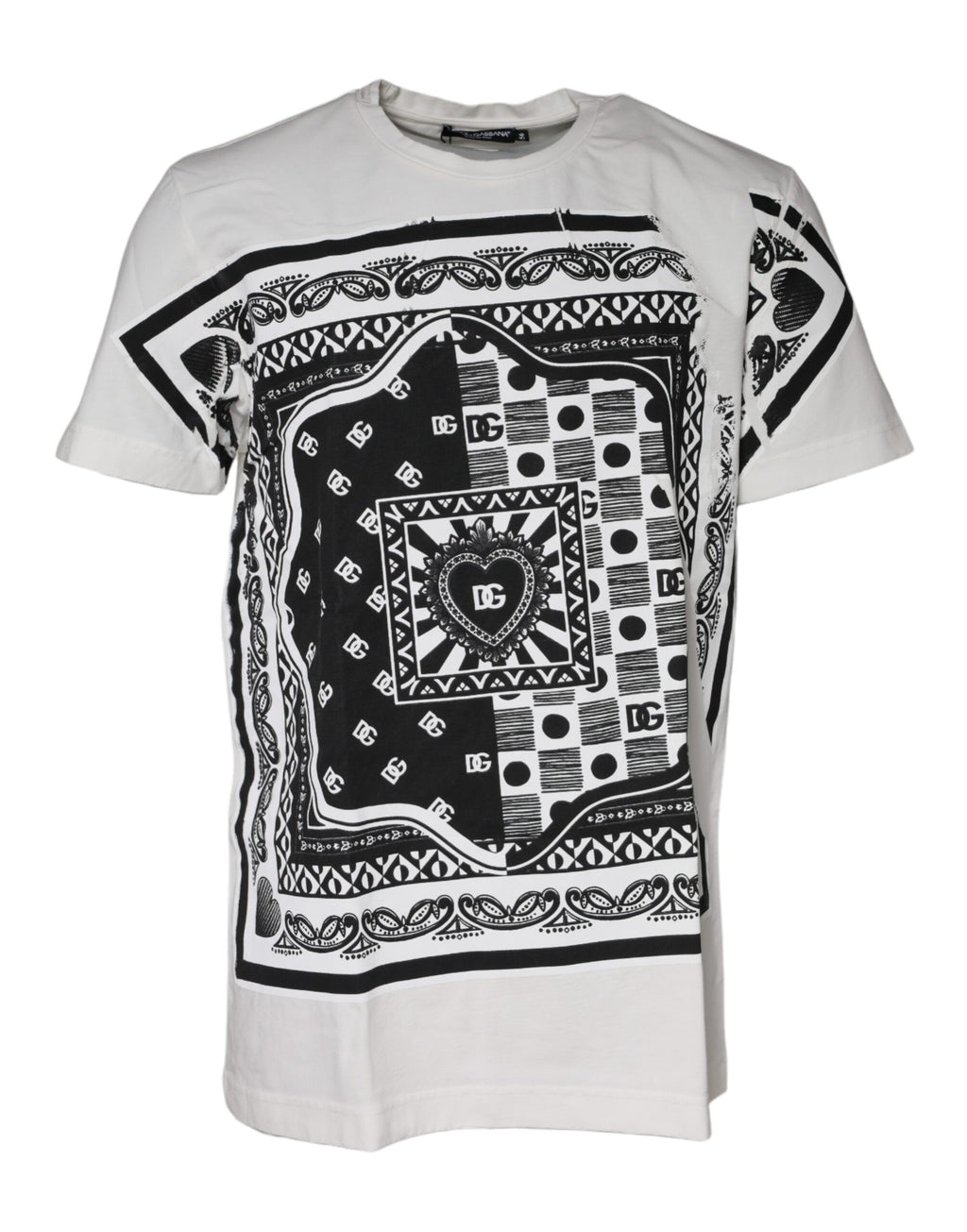 T-shirt blanc à manches courtes Dolce & Gabbana avec motif bandana en coton, visible avec logo Dolce & Gabbana sur le devant.