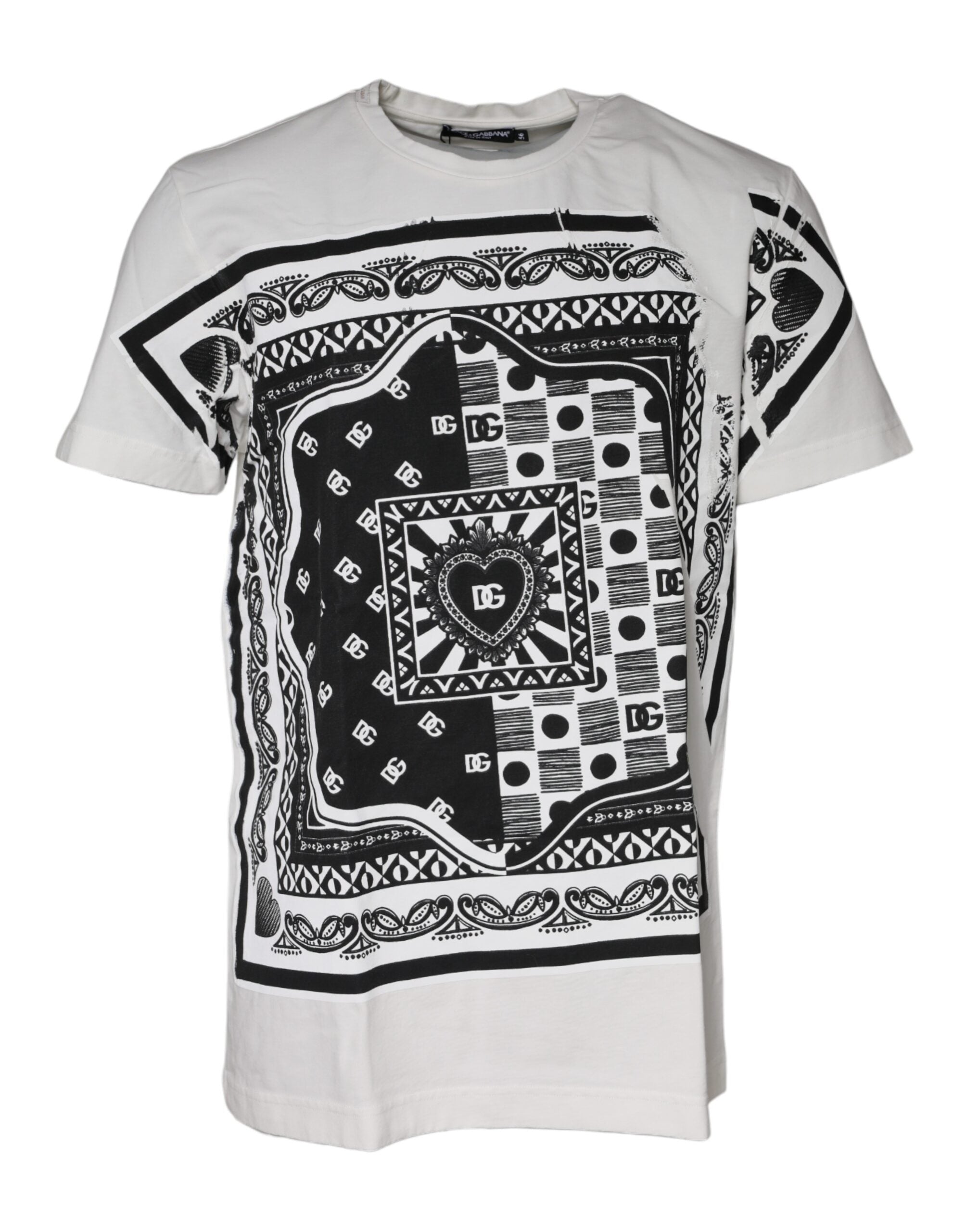 T-shirt blanc à manches courtes Dolce & Gabbana avec motif bandana en coton, visible avec logo Dolce & Gabbana sur le devant.