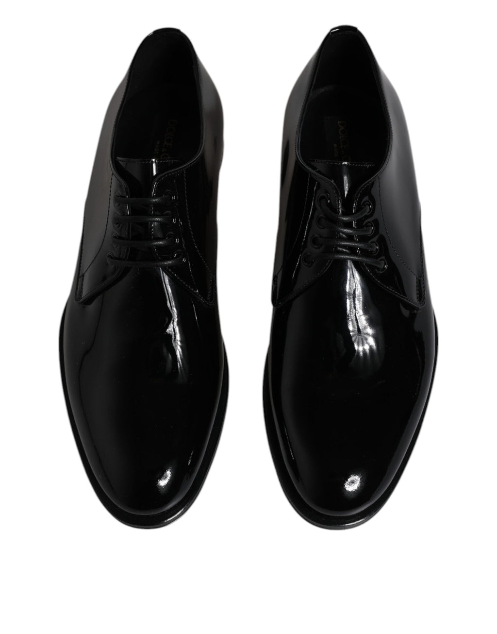 Chaussures derby noires en cuir verni de luxe Dolce & Gabbana, chaussures formelles élégantes pour homme.