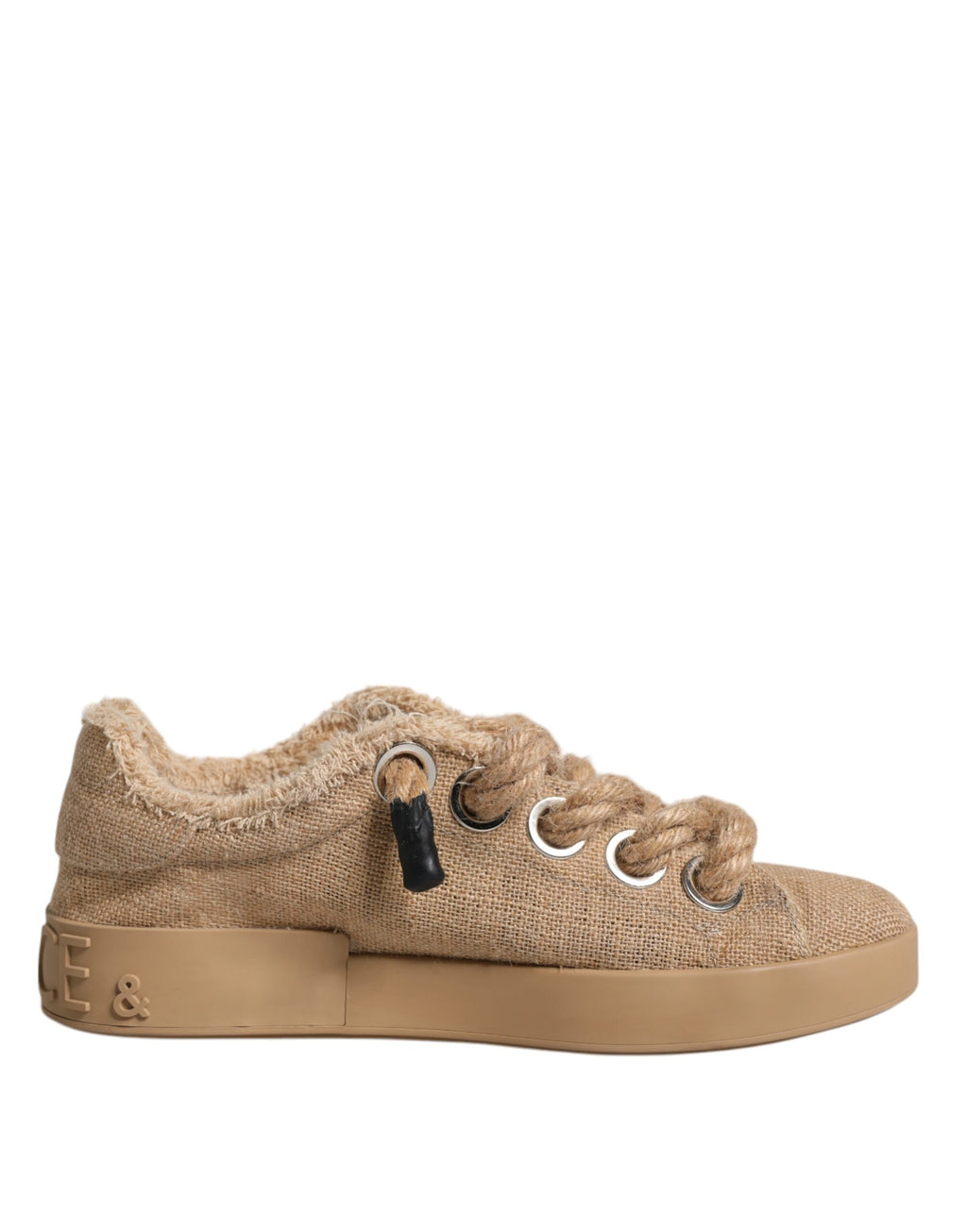 Chaussures de sneakers basses pour hommes Dolce & Gabbana en tissu de jute marron, style décontracté et élégant.