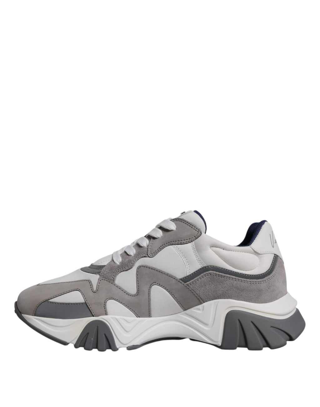 Chaussures sneakers basses Versace Squalo en cuir gris et néoprène, style chunky et décontracté.