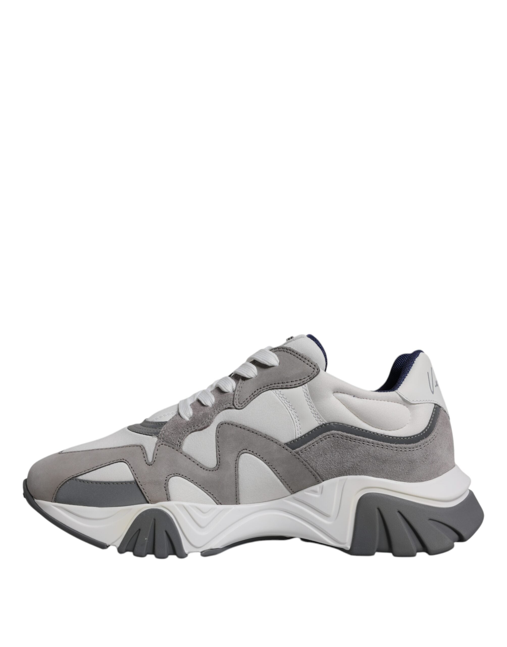 Chaussures sneakers basses Versace Squalo en cuir gris et néoprène, style chunky et décontracté.