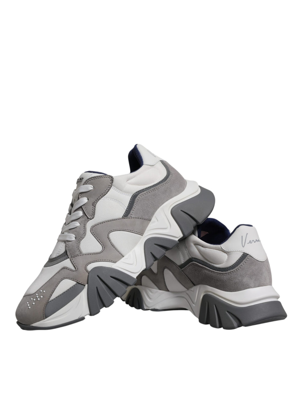 Chaussures sneakers basses Versace Squalo en cuir gris et néoprène, style chunky, chaussures décontractées pour homme.