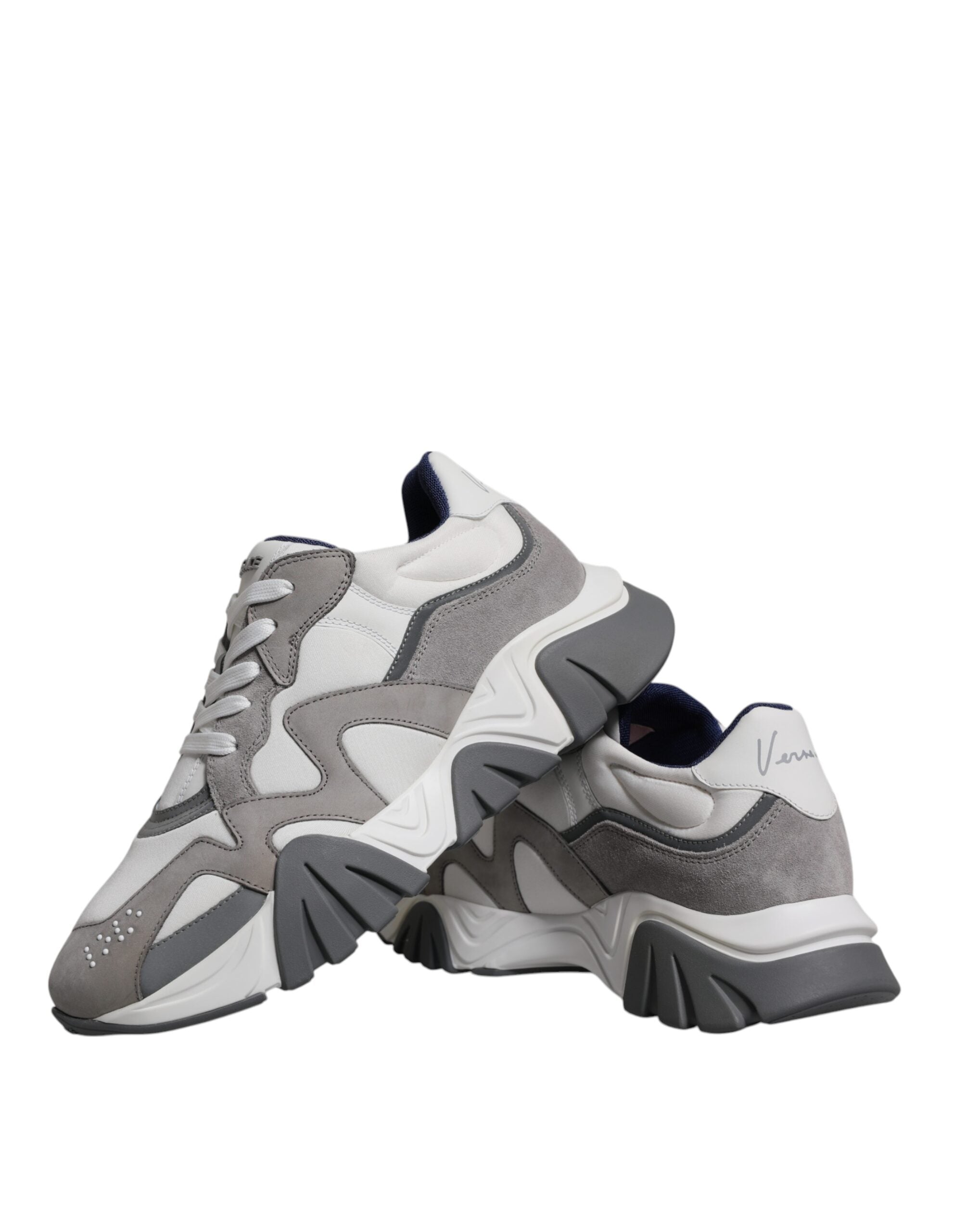 Chaussures sneakers basses Versace Squalo en cuir gris et néoprène, style chunky, chaussures décontractées pour homme.