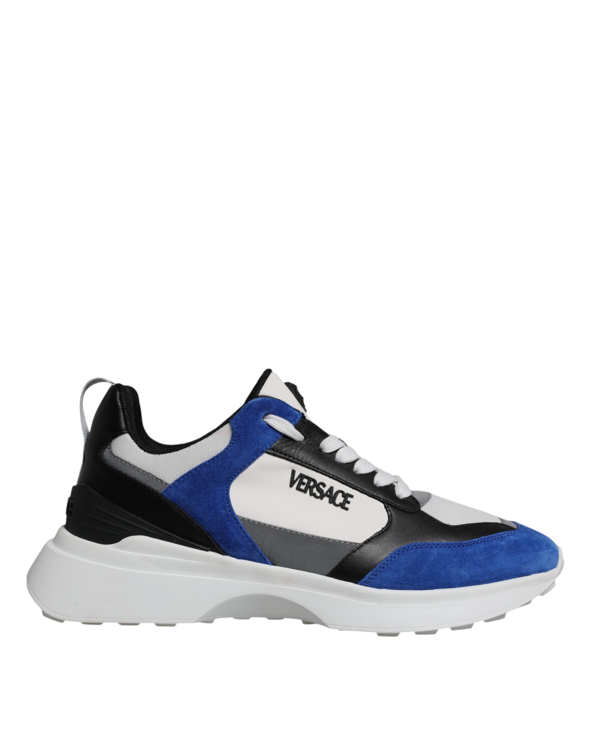 Chaussures basses Versace en toile multicolore avec motif Medusa, sneakers de style quad en tissu.