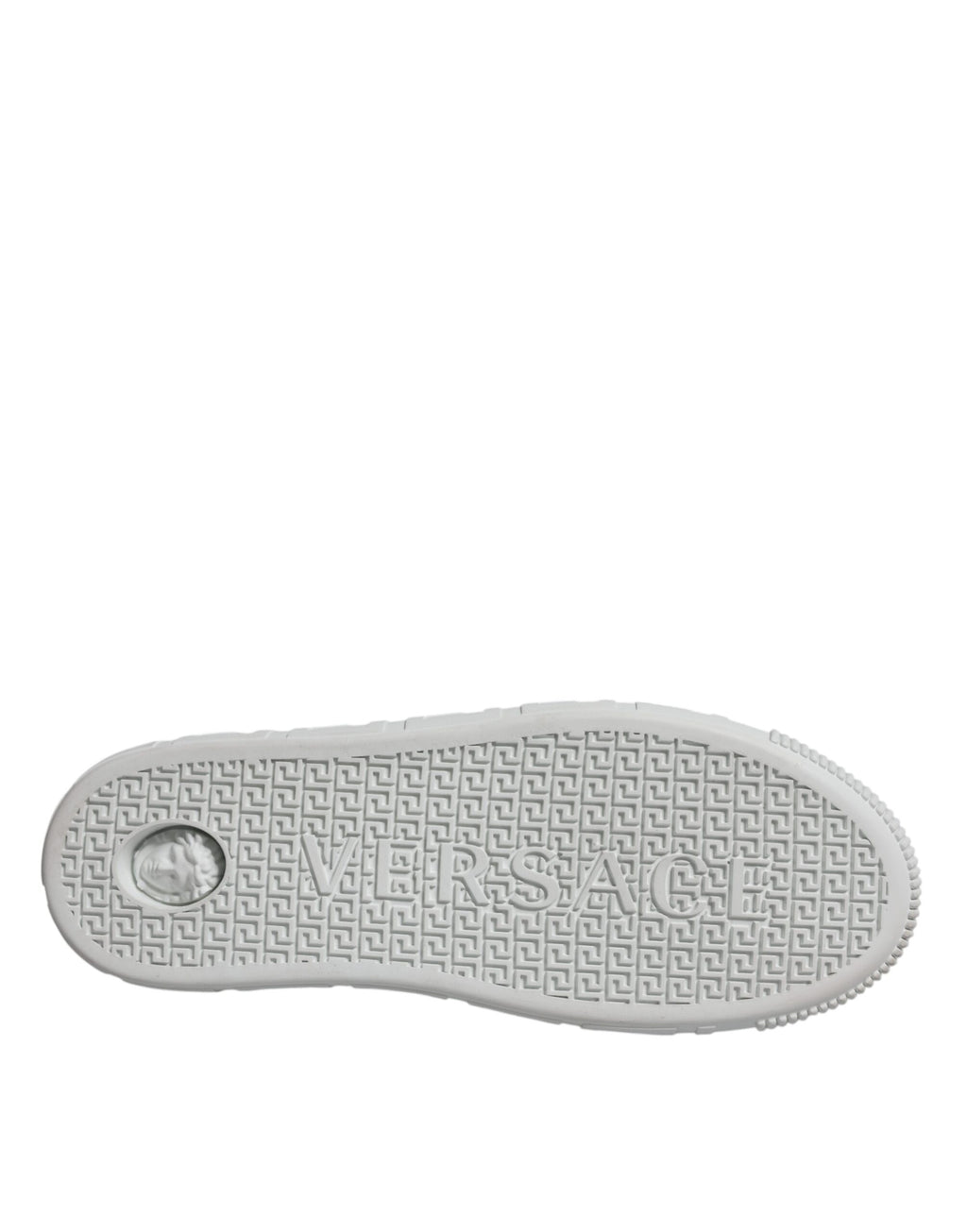 Chaussures sneakers basses Versace en blanc et rose avec motif Greca, plateforme élégante et design sophistiqué.