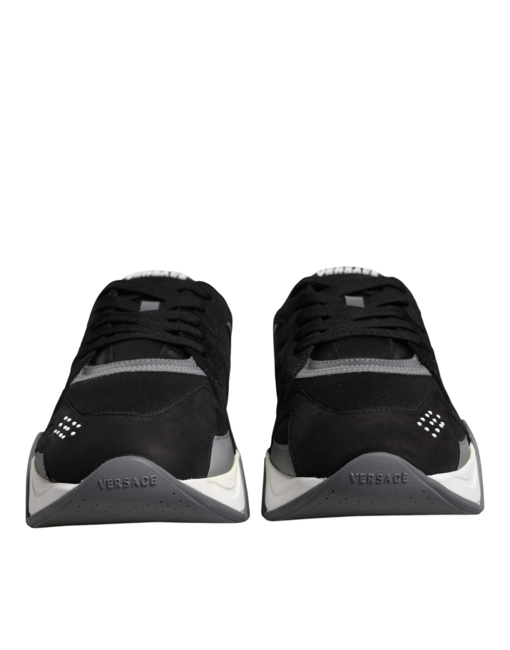 Chaussures basses Versace Squalo en cuir noir et néoprène, baskets chunky à semelle épaisse pour homme.