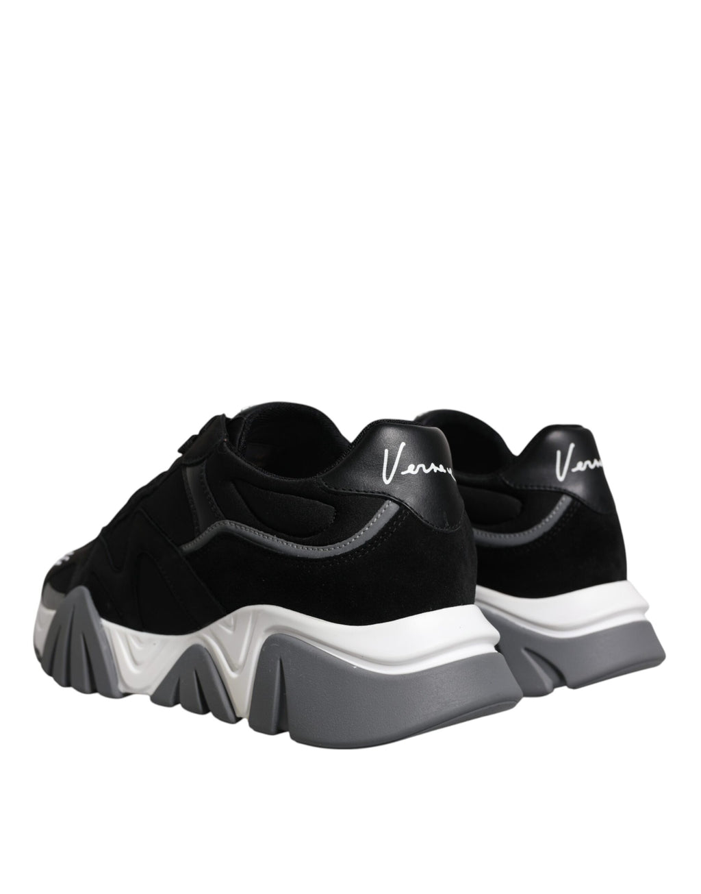 Chaussures basses en cuir noir et néoprène Versace Squalo, sneakers chunky à talon plat et style moderne.