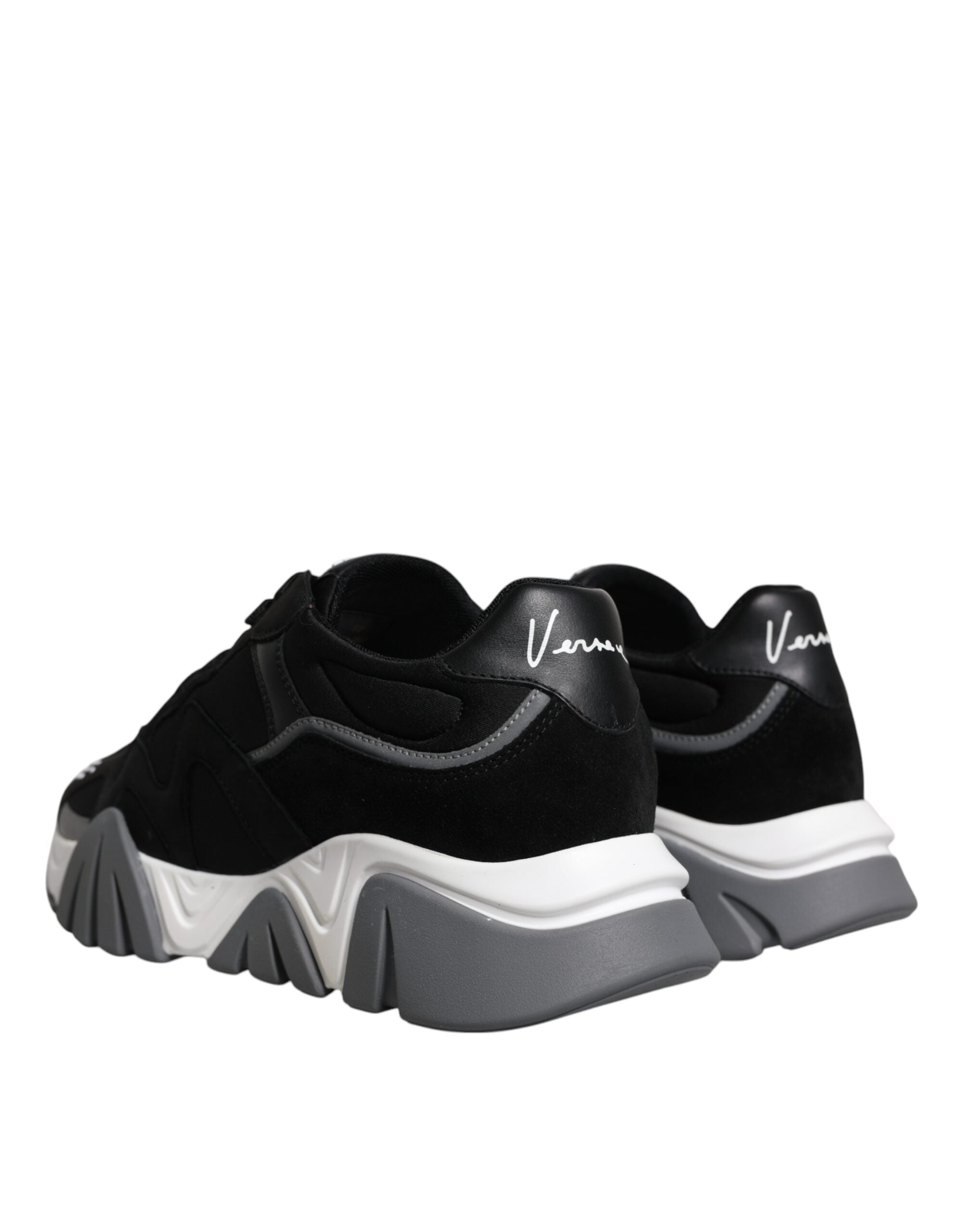 Chaussures basses en cuir noir et néoprène Versace Squalo, sneakers chunky à talon plat et style moderne.