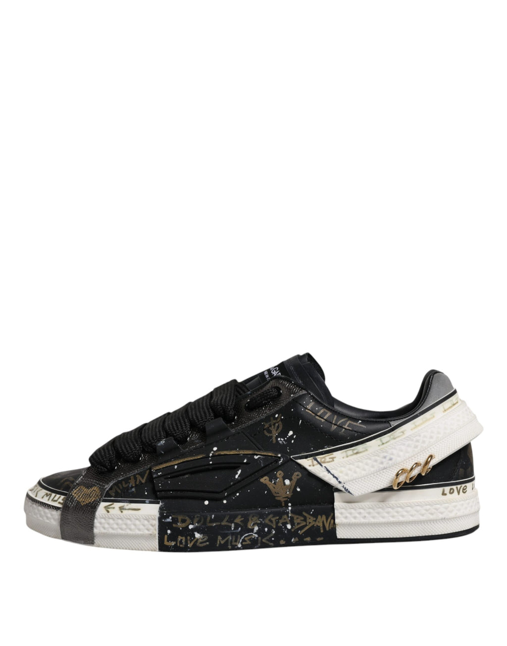 Chaussures sneakers basses Dolce & Gabbana Portofino en noir et blanc, vue de côté avec semelle blanche.